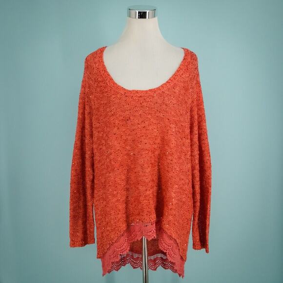 Boston Proper Size XL Orange Sequin Lace Trim Scoop Neck Long Sleeve Sweater - Picture 1 of 8